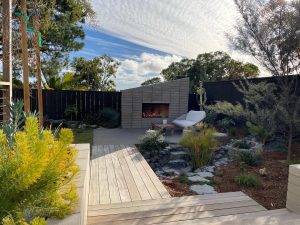 water-smart yard design with dog on patio