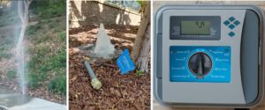 collage of inefficient irrigation and a sprinkler controller